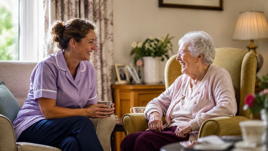 A carer in uniform sharing a warm conversation with a resident