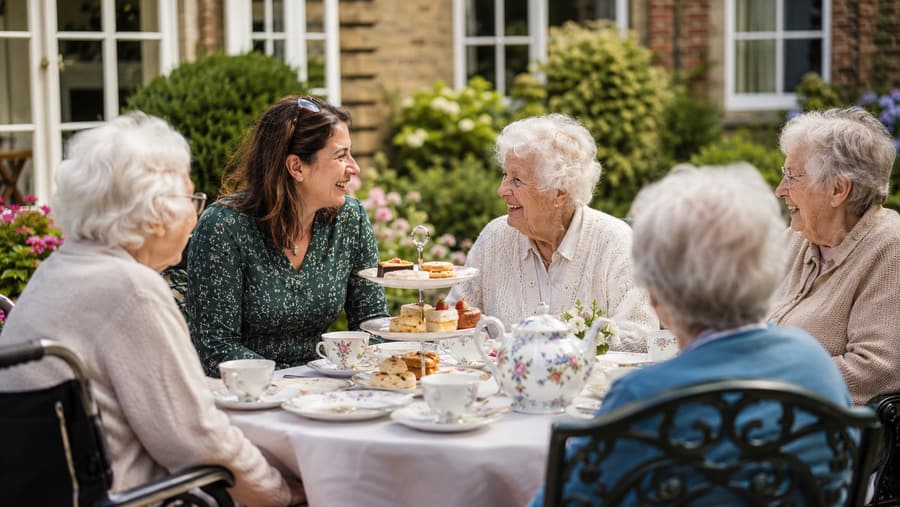 Residents enjoying afternoon tea together in the garden