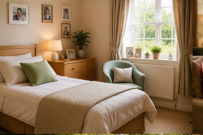 A bright, personalised care-home bedroom with family photos and a garden view